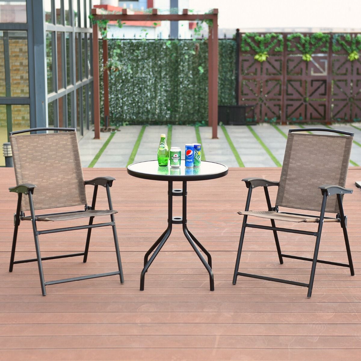3 Piece Patio Bistro Set Round Table and 2 Folding Chairs for Home Yard Deck